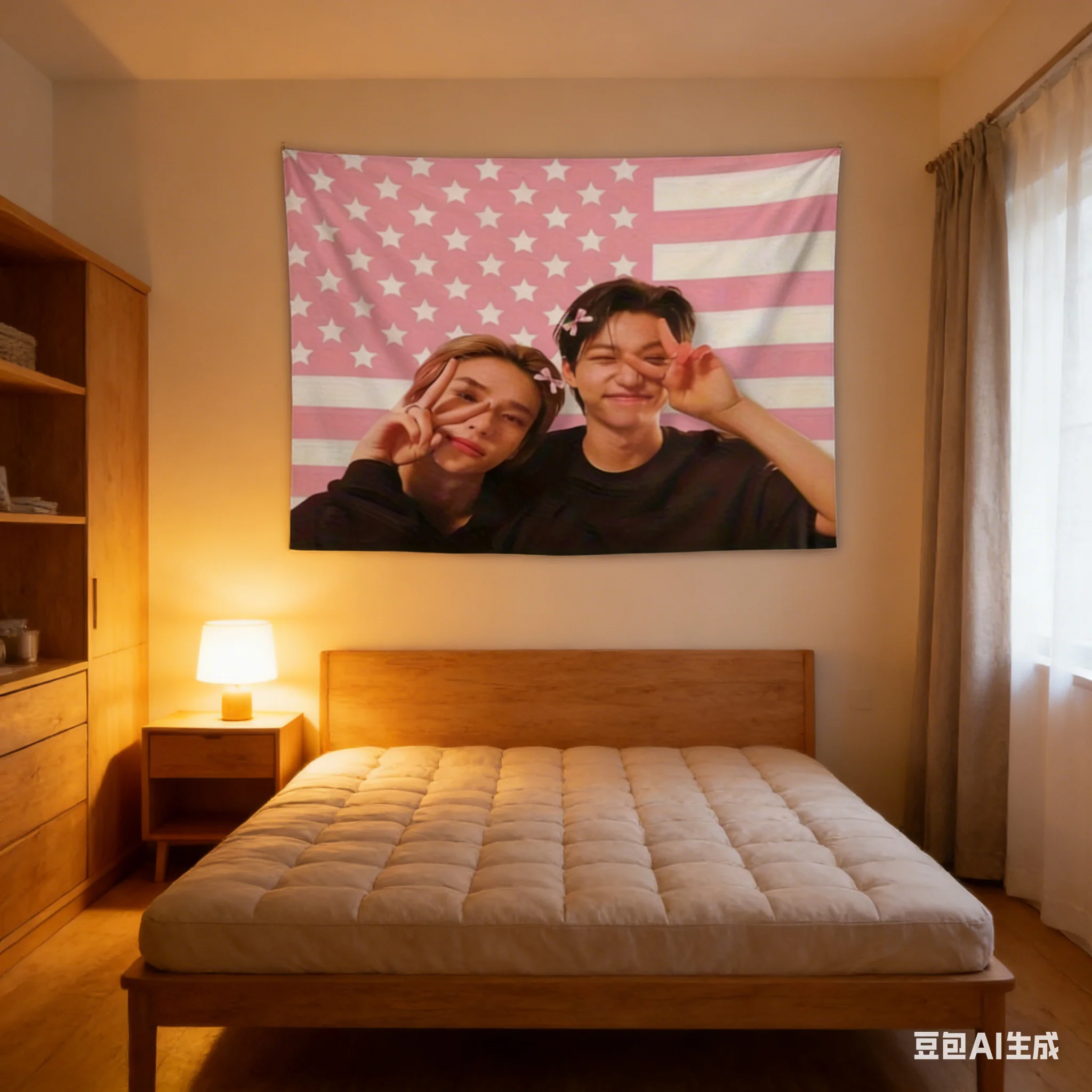 K-Pop Pink Flag Tapestry, Cute Peace Sign Pose Print Polyester Wall Hanging, Fan Themed Home Decor for Bedroom & Dorm