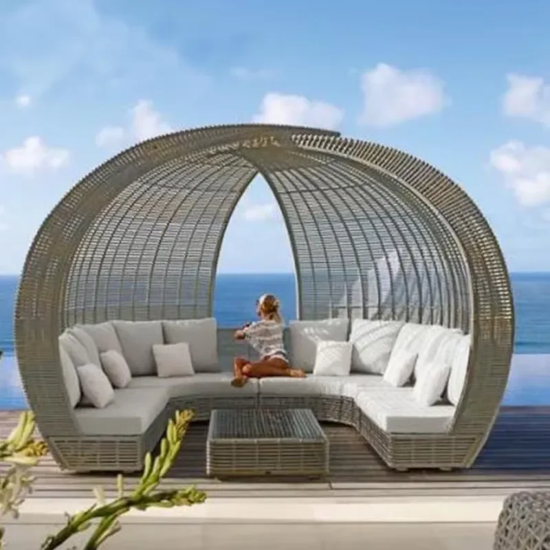 Classic Design Bird Nest Rattan Bed Outdoor Furniture Full Daybed Sofa Couch Outdoor Day Bed with Canopy