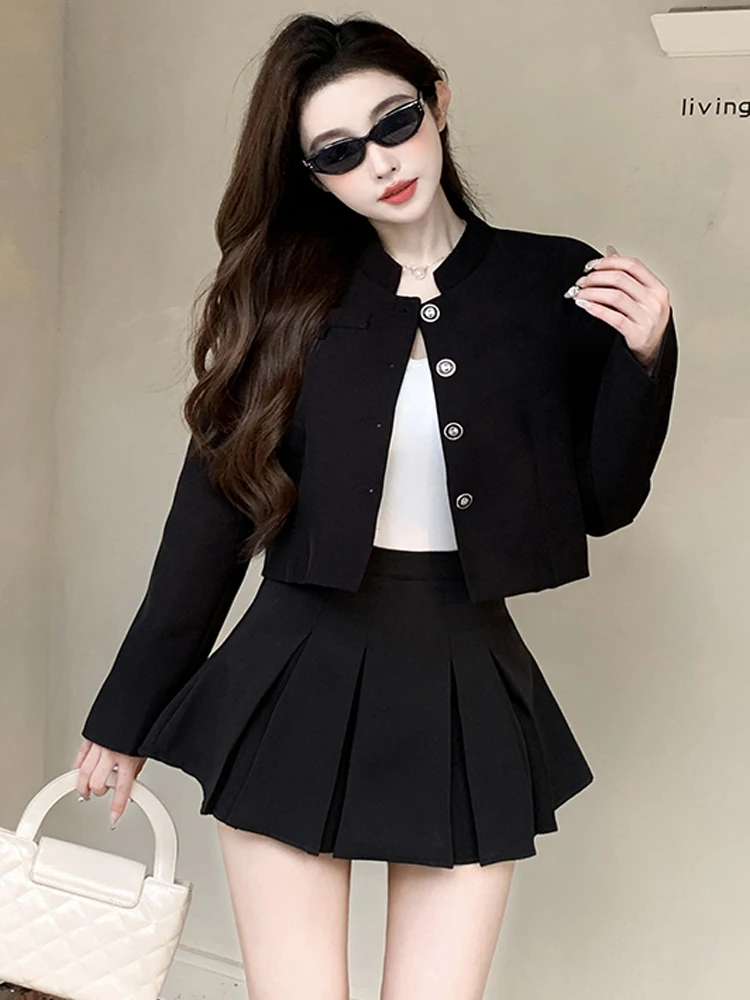 New Spring Fashion Two Piece Set Black Long Sleeve Short Jacket Coat & High Waist Mini Pleated Skirt Female Elegant Outfits