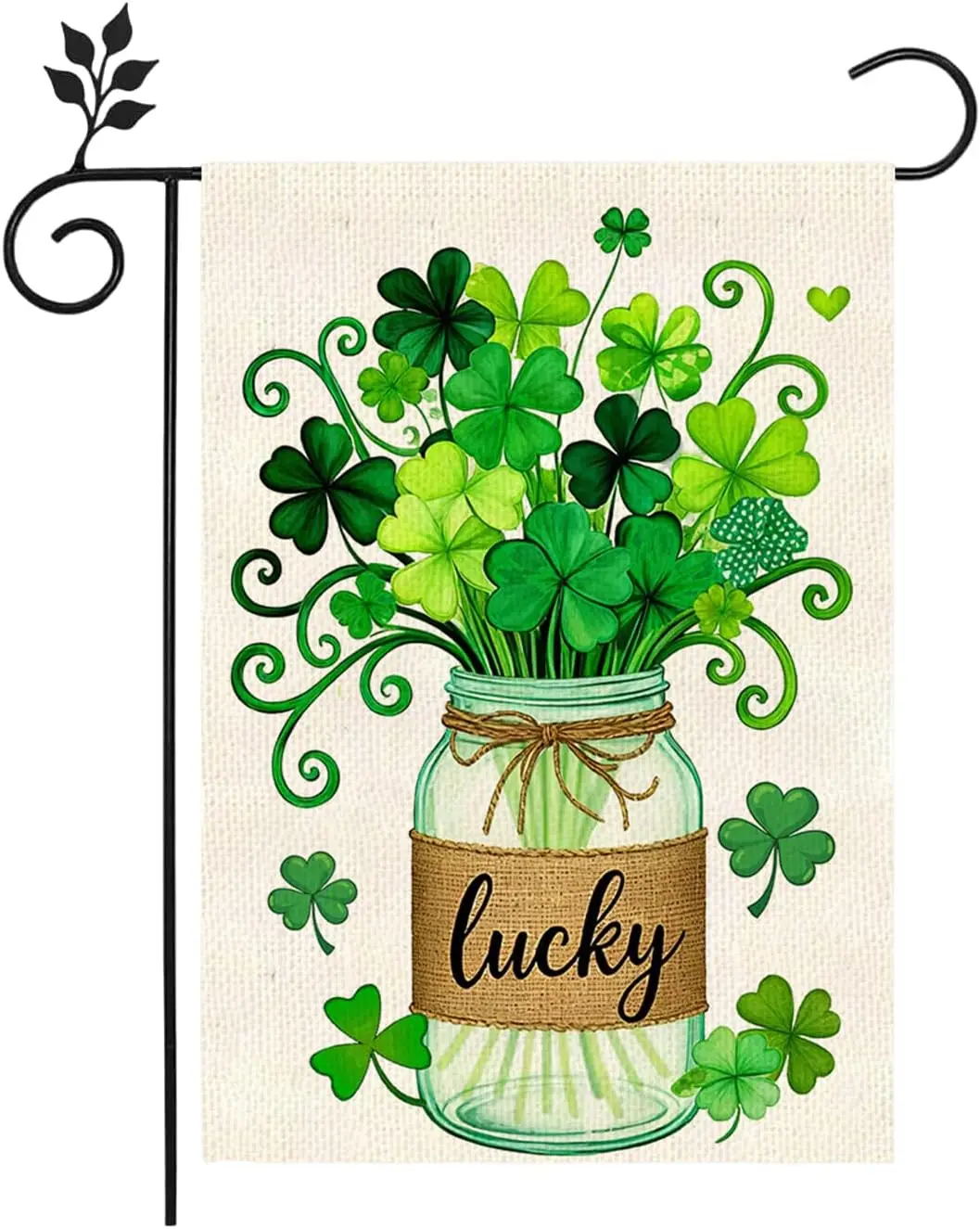 St Patricks Day Shamrocks Mason Jar Garden Flag 12x18 Inch Double Sided Outside Green Clovers flag Holiday Burlap Yard Decor AAS