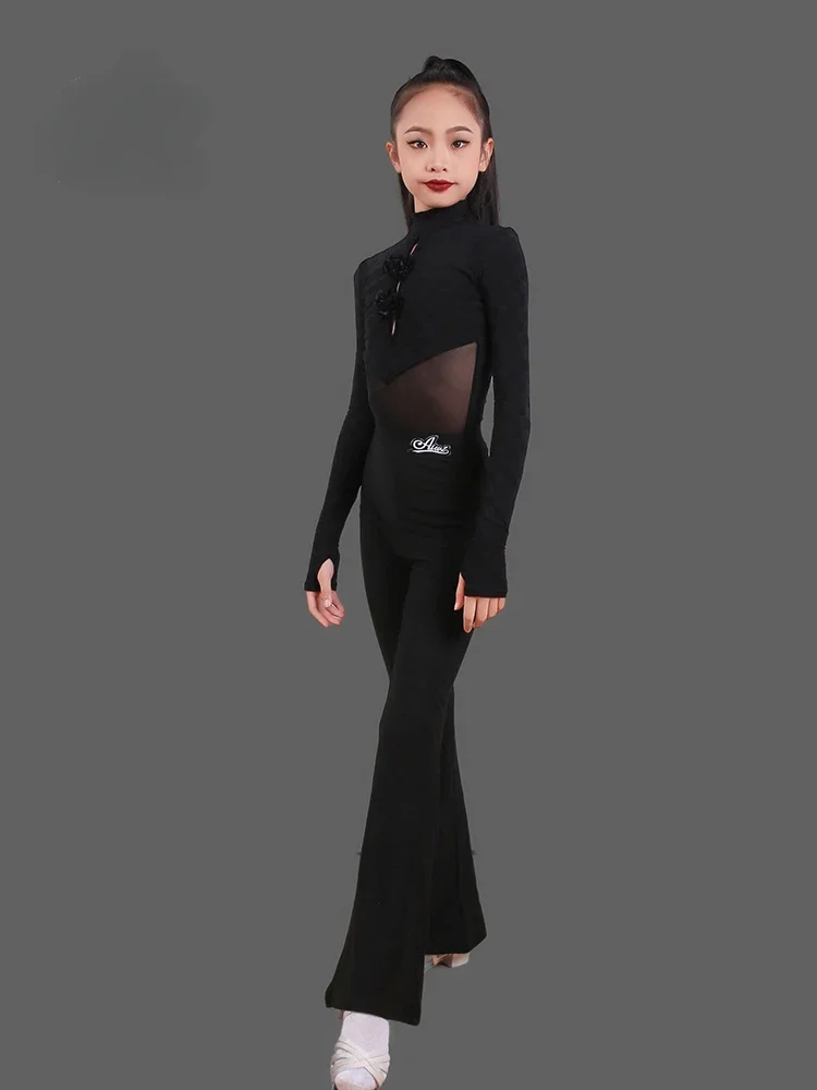 Latin Dance Suit Girls 2024 Autumn and Winter New Long-sleeved Micro-pull Pants Practice Suit Performance Training Suit