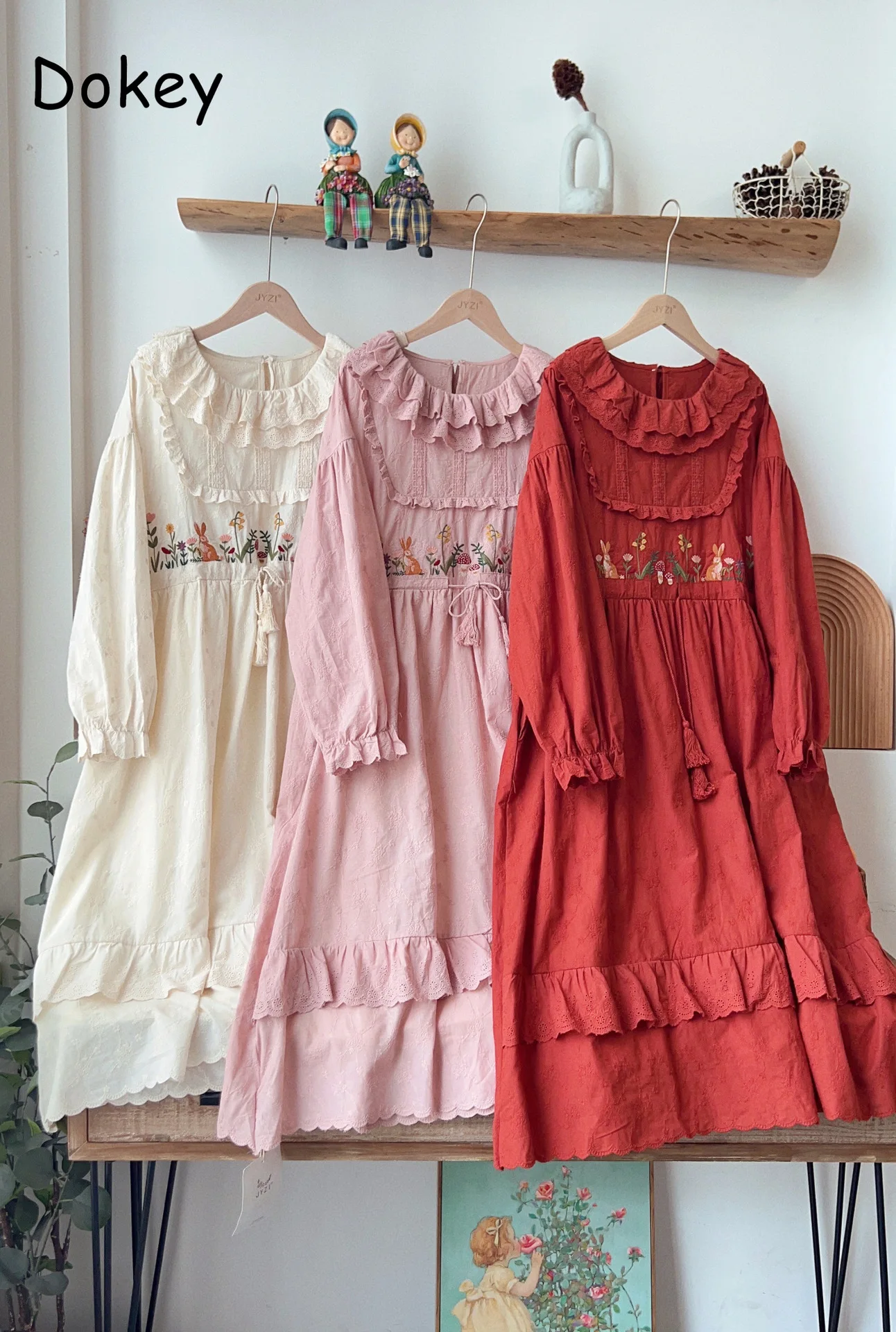 Vintage Embroidery Long Sleeve Kawaii Dress Women Autumn Japanese Mori Girl Cotton Linen Maxi Dress Casual Lace Ruffled Vestidos