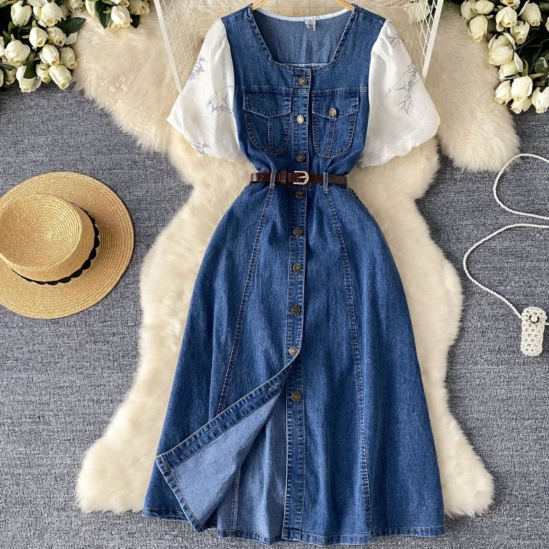 

Summer Women's Denim Dress Waist Belt Retro High-quality Cotton Design Fashion Denim Skirt Set Daily Versatile Denim Long Skirt