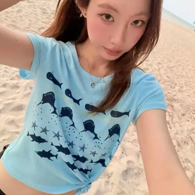 Ocean Animal Print Round Neck Cropped T Shirts Women Summer Hemp Slim Twist Hem Casual Tee