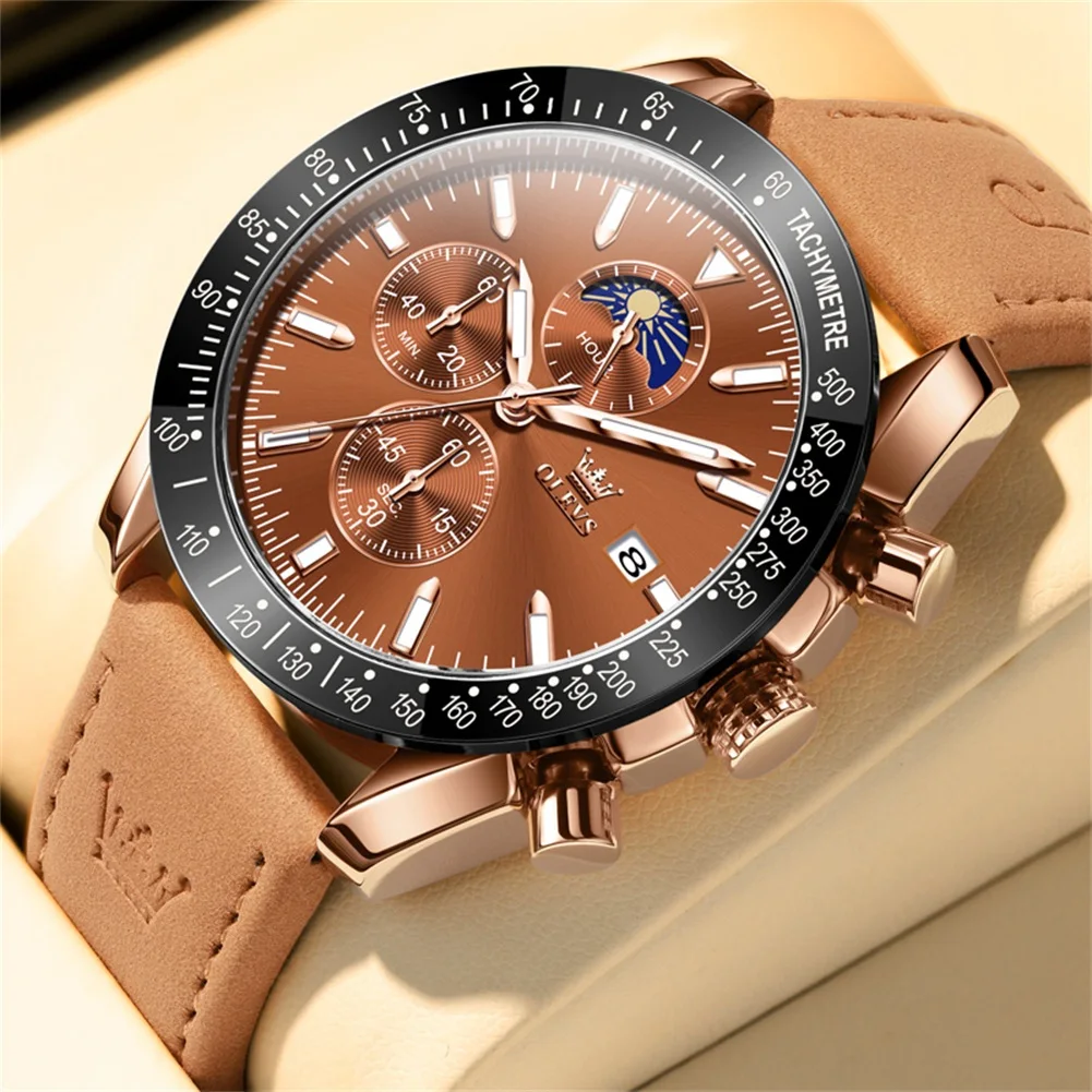 

OLEVS Men's Watches Casual Fashion Multifuntion Chronograph Original Quartz Watch for Man Waterproof Luminous Moon Phase Date