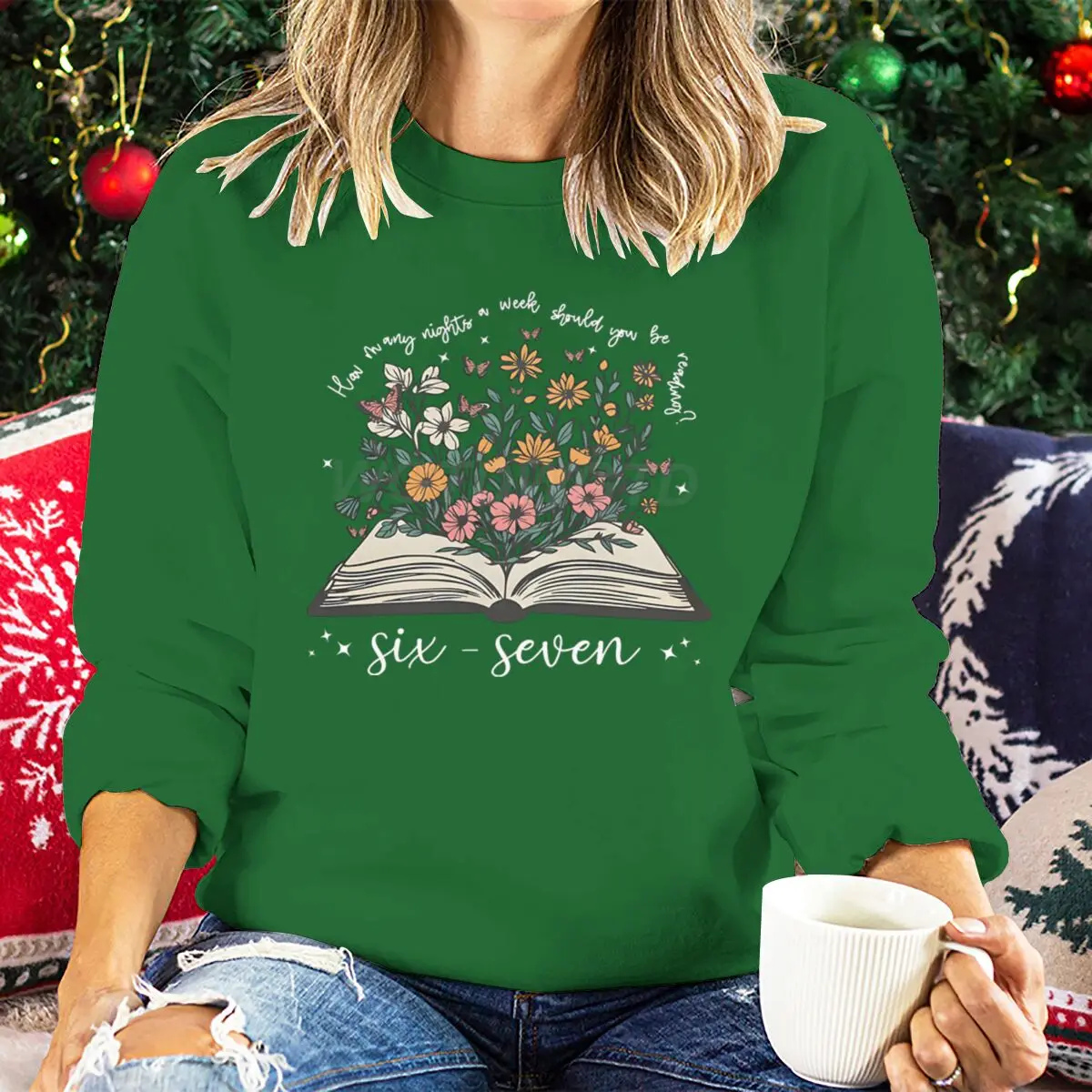 Book and Flower Graphic Sweatshirts Reading Book 6 7 Memes Funny Sweater Long Sleeve Pullovers Book Lover Six Seven Clothing