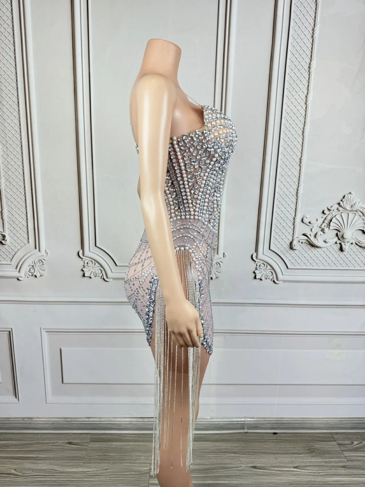 

Luxury Pearls Rhinestone Tassel Sleeveless Mini Dress Elegant Women Sexy Mesh Prom Birthday Party Evening Dress Photo Shoot Wear