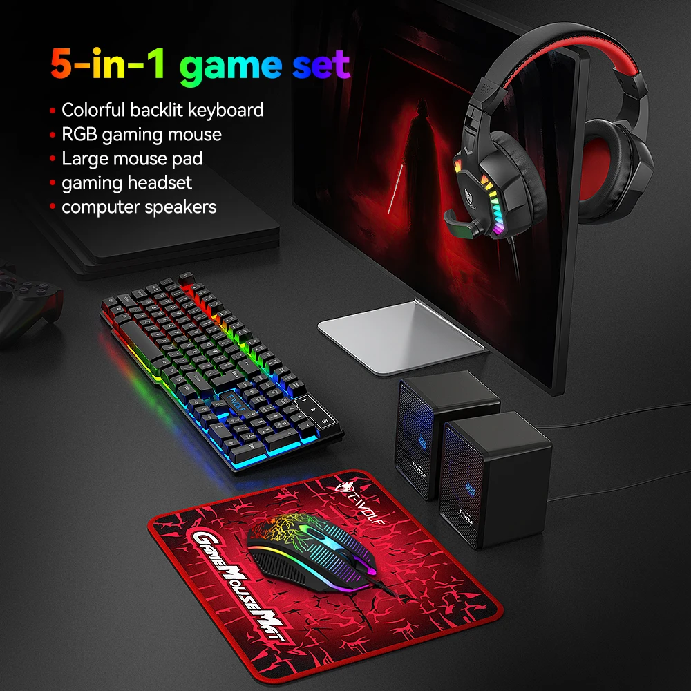 T-WOLF Mechanisch gamingtoetsenbord Luidspreker 5-in-1kit RGB Mechanisch toetsenbord Gaming-oortelefoon Muis Gamer Combo USB Bedraad Esport