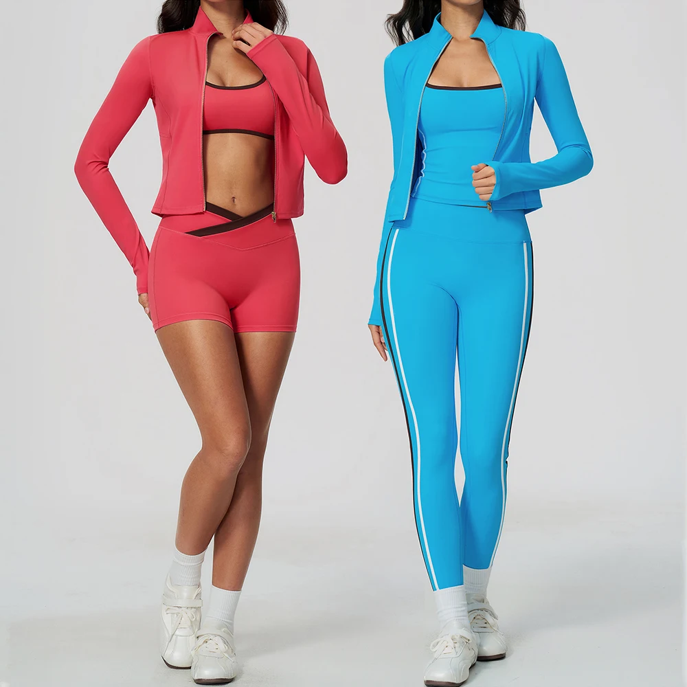 3PCS Yoga Outfits Women Tracksuits Gym Zipper Long Sleeve Fitness Set Female High Waist Workout Shorts Sports Suit Yoga Clothing
