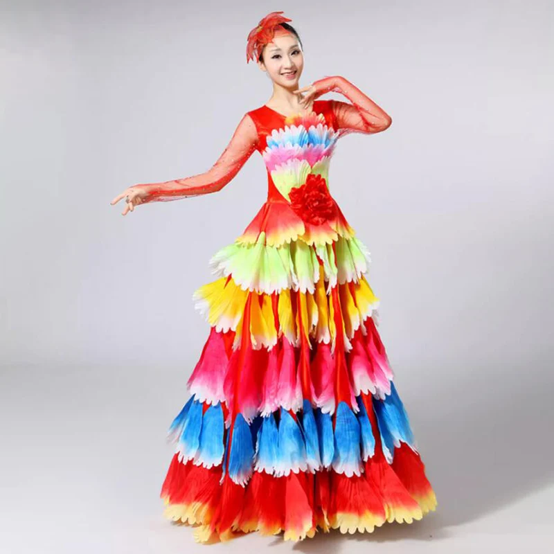 Damen Spanisches Flamenco Stierkampf-Kleid, Eröffnungstanz, Großer Schwung, Blütenblatt-Design, Klassische Kleider, Bühnentänzerin, Performance-Rock, Kostüm – Detail 15