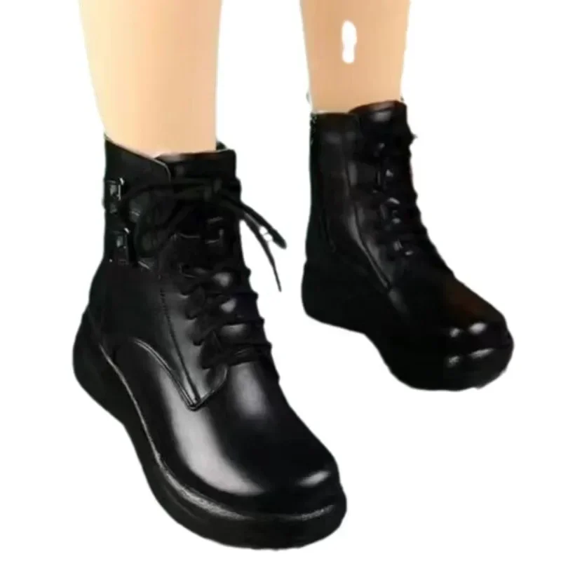 

Snow Boots Platform Shoes for Women Leather High Heels Warm Plush Lace Up Zip Chunky Shoes Female Large Size Ankle Boots