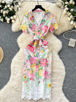Women's Summer Dress New European American Elegant Suit Collar Short Sleeved Dress Temperament Slim Fit Hollow Lace Dress C19