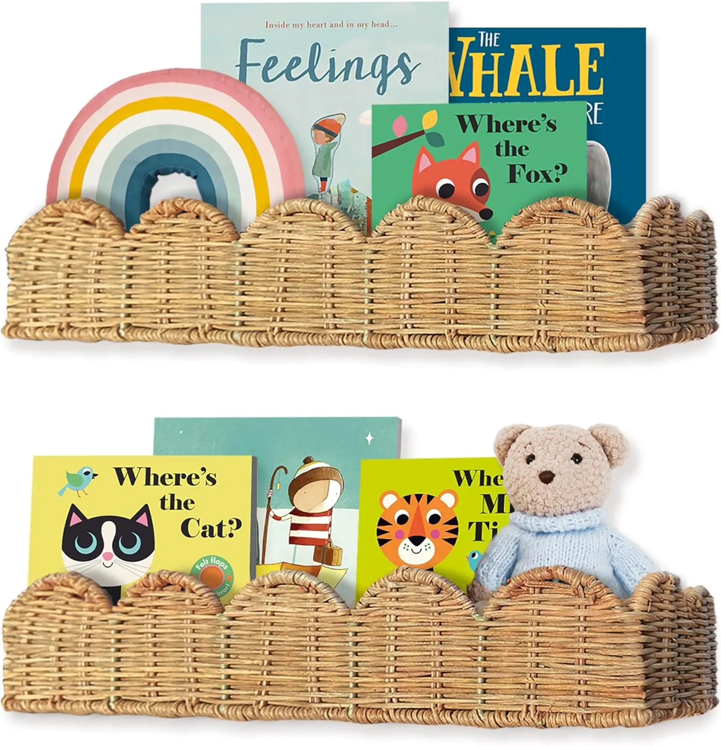 

Набор из 2 настенных полок из натурального ротанга - ручная работа, декор в стиле бохо для детских комнат, подвесная книжная полка