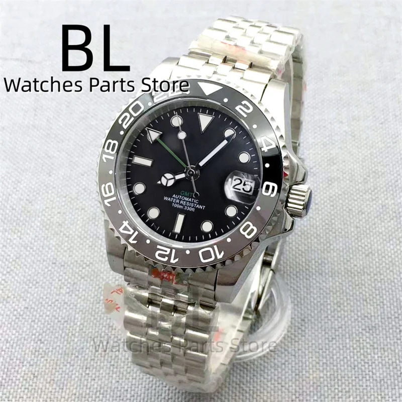 BLIGER 40 mm NH34 GMT-Uhr für Herren mit schwarz-grauer Keramiklünette, Saphirglas, grüne GMT-Zeiger, grüner GMT-Text, Jubilee-Armband 3