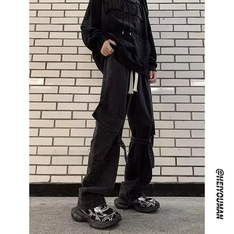 

2025 Mens Workwear Jeans Multiple Pockets Loose Straight Leg Spring Autumn Wide Casual Pants Street Fashion Long Trousers