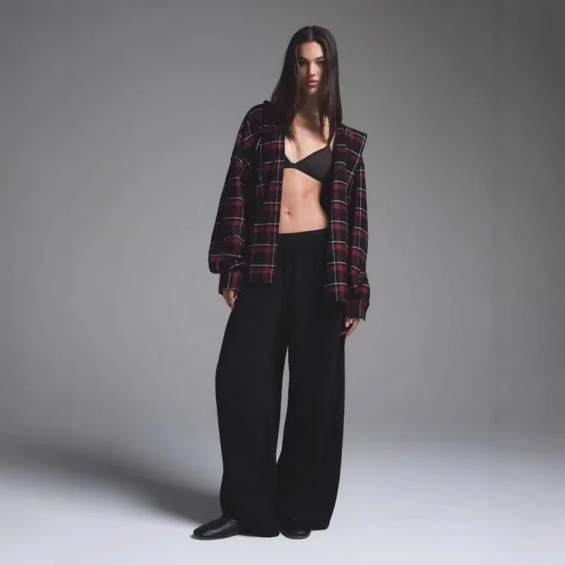 Loose Oversized Plaid Casual irt Jaet Double Waist Straight Leg Pants Women's Spring Faion Reflective Low Waist Zipper