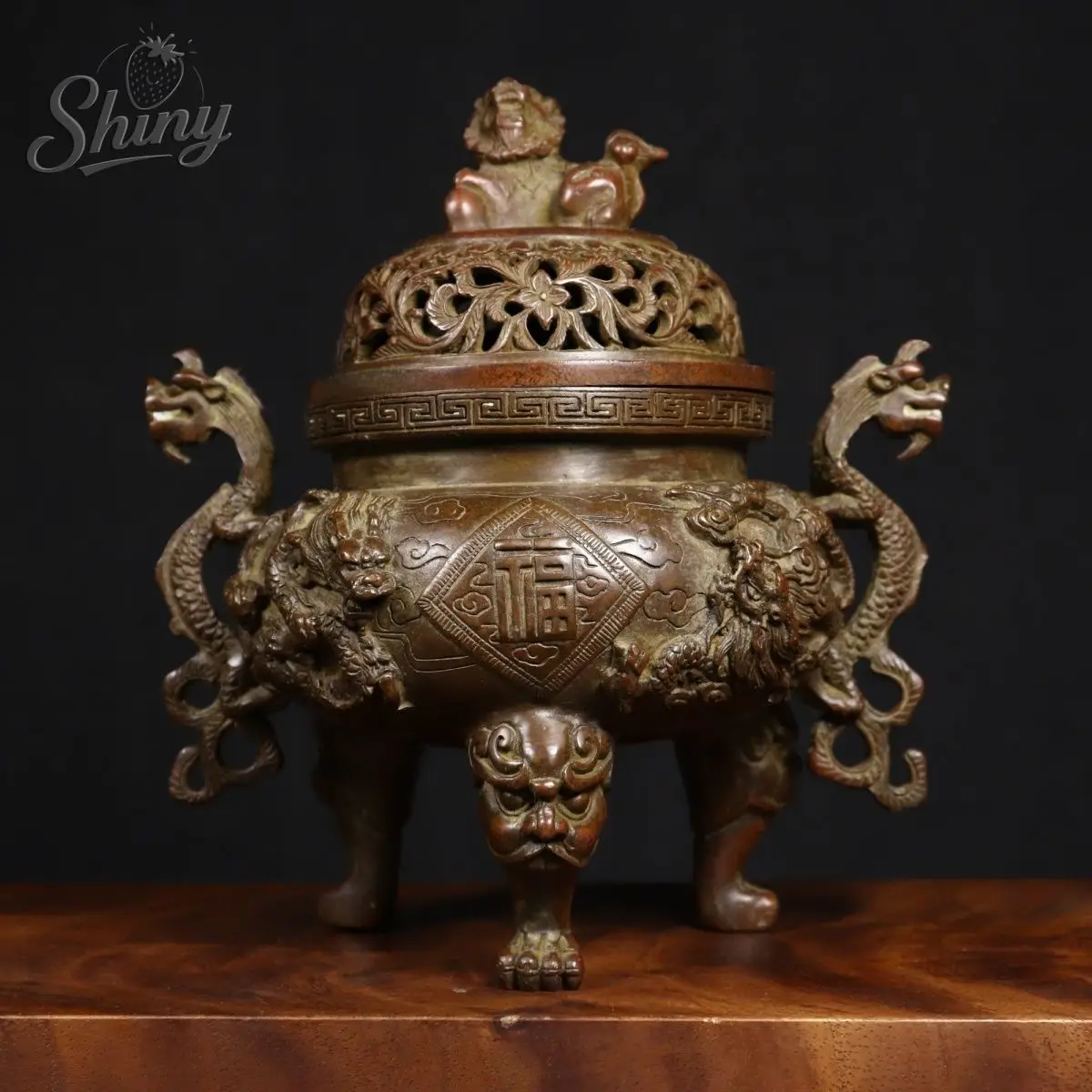 Antique Brass Three Legs Lion Head Incense Burner Ornament Chinese Ancient Beast Censer Cover Solid Copper Tea Desk Decors