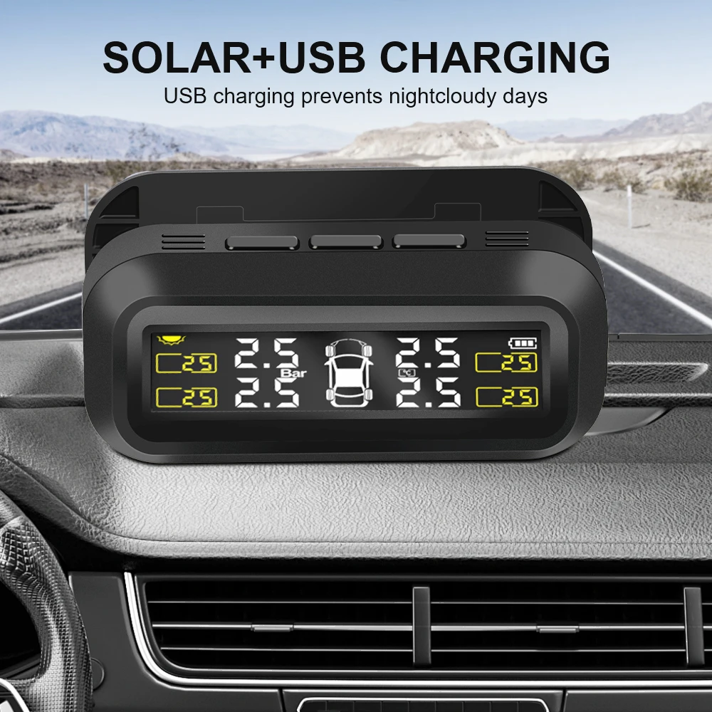 

Tire Pressure Monitoring System Temperature Warning Fuel Save With 4 External Sensors Solar TPMS Car Tyre Pressure Monitor