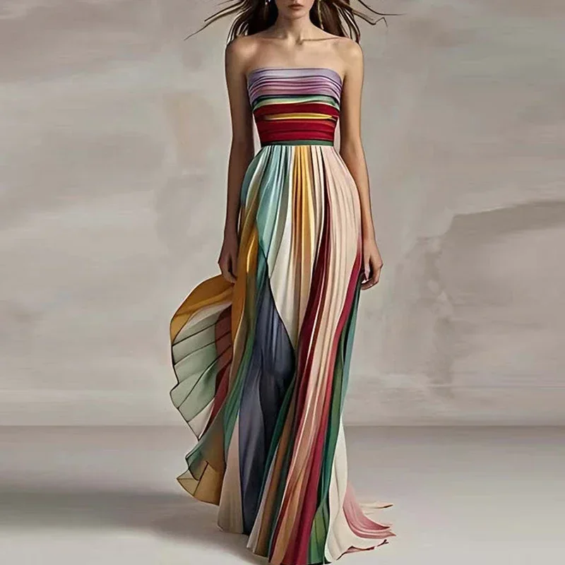 

Элегантное сексуальное платье-труба с открытыми плечами, красочное полосатое платье макси, женское вечернее платье без рукавов нестандартной формы, 2025
