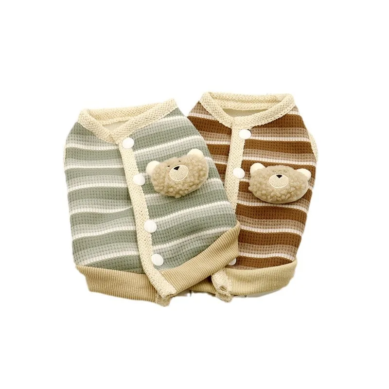 Pet Striped Plush Teddy Bear Brooch Jacket Autumn and Winter Cat Clothes Cat Home Pajamas Puppy Clothes for Small Dogs