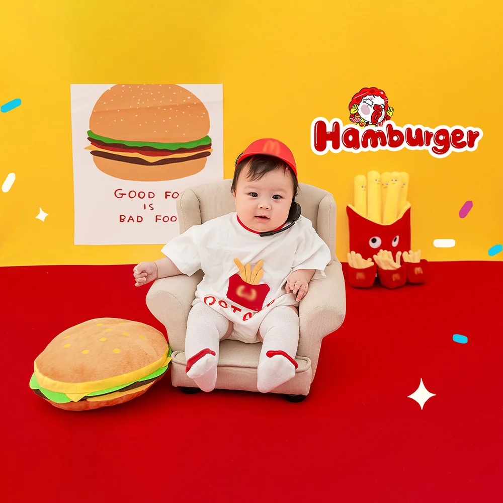 Neugeborene Fotografie Kleidung niedlichen Hamburg themen orientierte Fotografie Set Overall Strümpfe Hut Baby Fotoshooting Outfit Burger Pommes Requisiten