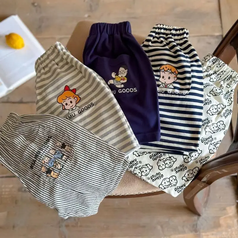 2026 New Summer Boys Striped Loose Shorts Baby Vintage Casual Cartoon Shorts Kids Lace-up Pant Children Clothing Sports Shorts