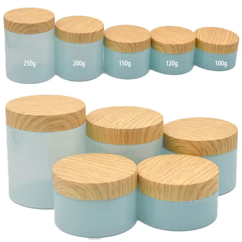 30Pcs 100/120/150/200/250g PET Empty Plastic Jar Imitation Wood Grain Lid Face Cream Cosmetic Container Reusable Refillable Jars