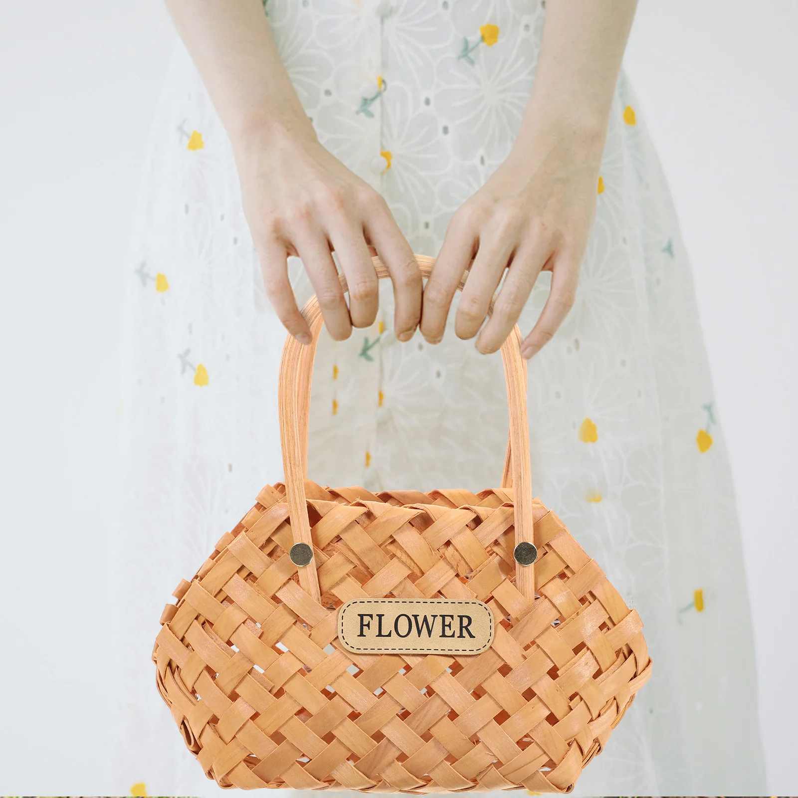 

1pc Wood Storage Basket Home Decorative Flower Arrangement Portable Handmade Woven Container Household Fruit Vegetable Holder