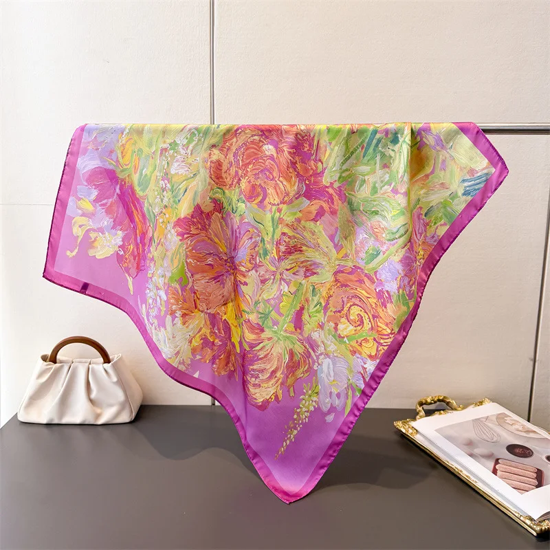 70*70cm Silk Square Scarf Women Luxury Floral Print Foulard Head Hijab Neckerchief Bandana Bag Ribbon Lady Soft Satin Hairbands