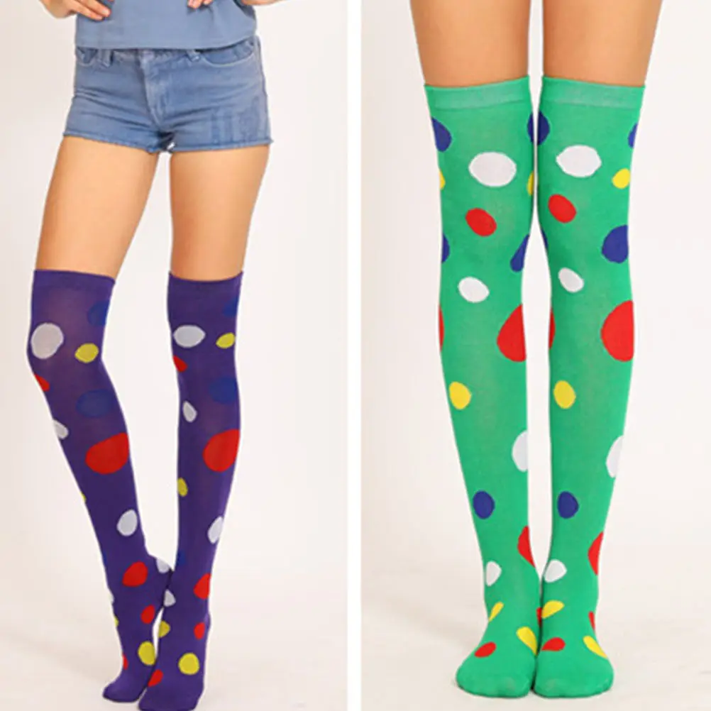 1Pair Clown Cosplay Stockings Green Dot Pattern Over The Knee Long Socks Party Dress Up Performance Dance Socks Soft Elastic