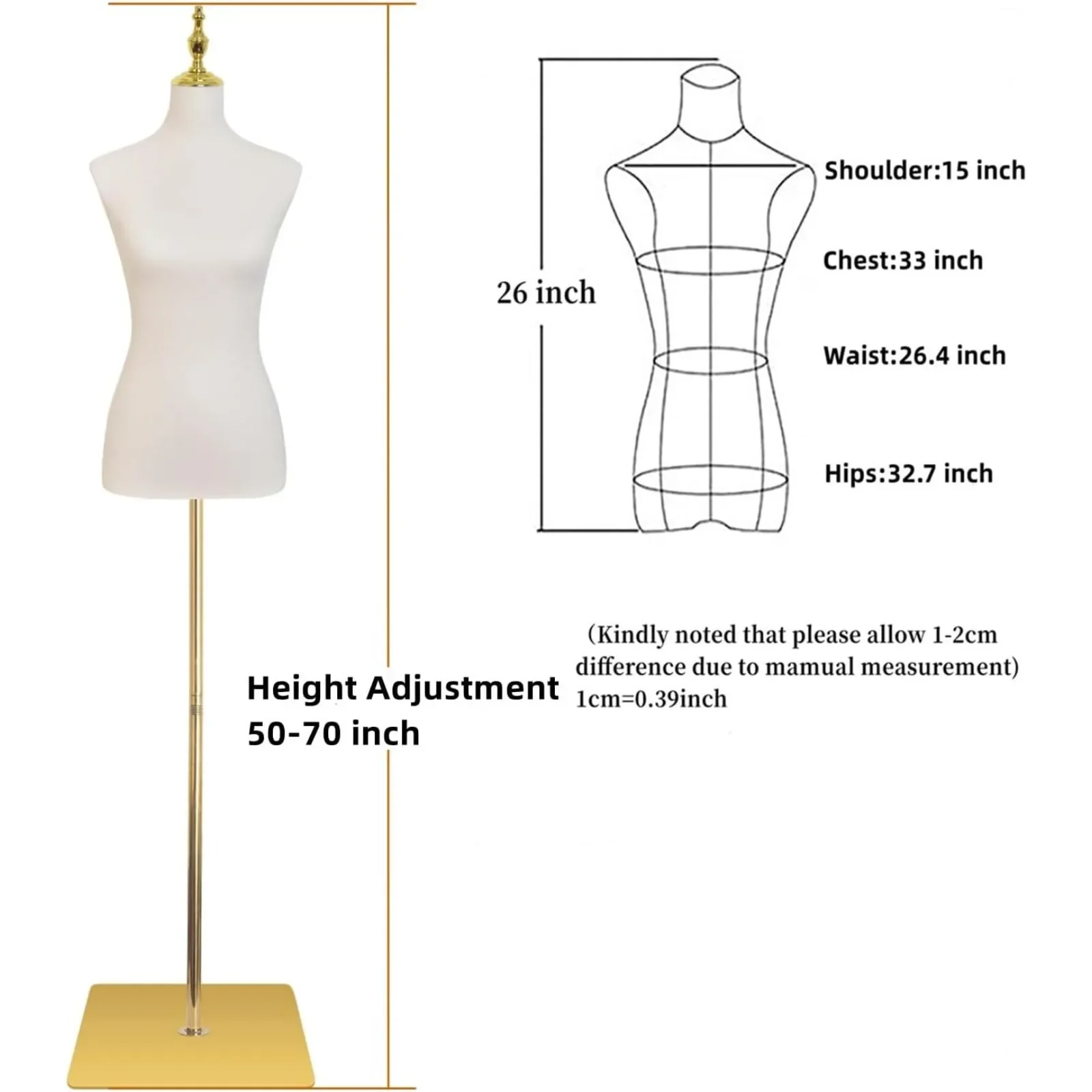 Dress Form Mannequin, Adjustable Female Beige Leather Torso,Model Display, 50-70 ”Height