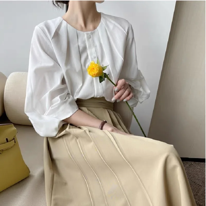 Women French Style Solid Bubble Sleeve Shirts Spring Autumn Chic Cuff Folds Blouses Clothing Casual Loose All-match Button Tops