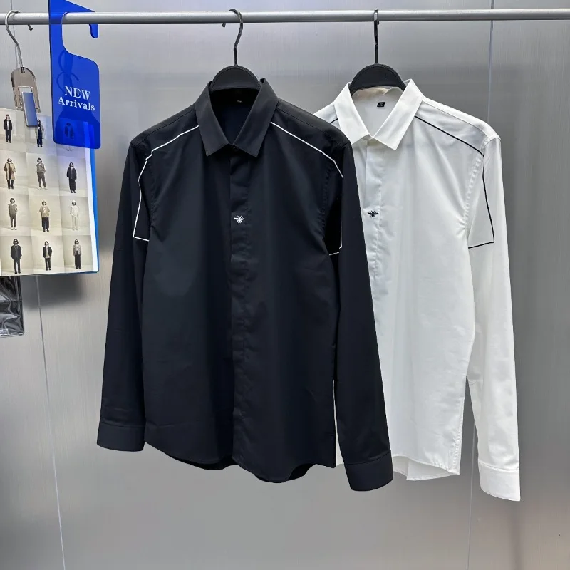 Men's new European station embroidered fashionable business slim fit black and white casual shirt