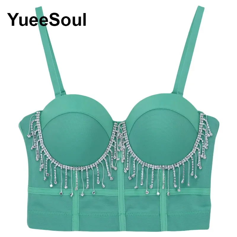 Zielony top Y2K 2026, nowy letni seksowny gorsetowy crop top na wieczorne imprezy i do klubu, uroczy, casualowy, dopasowany top na ramiączkach dla kobiet w stylu high street. — zdjęcie 7