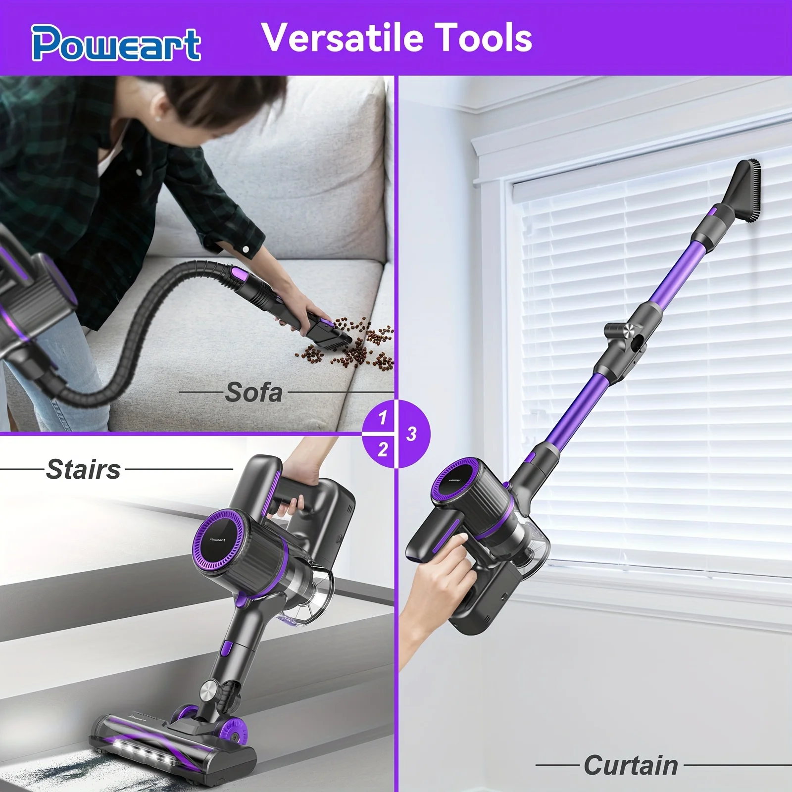 POWEART N700 Cordless Handheld Vacuum Cleaner 30Kpa Powerful 8-in-1 Stick Vacuum Lightweight Wireless Vacuum for Home Bed Carpet
