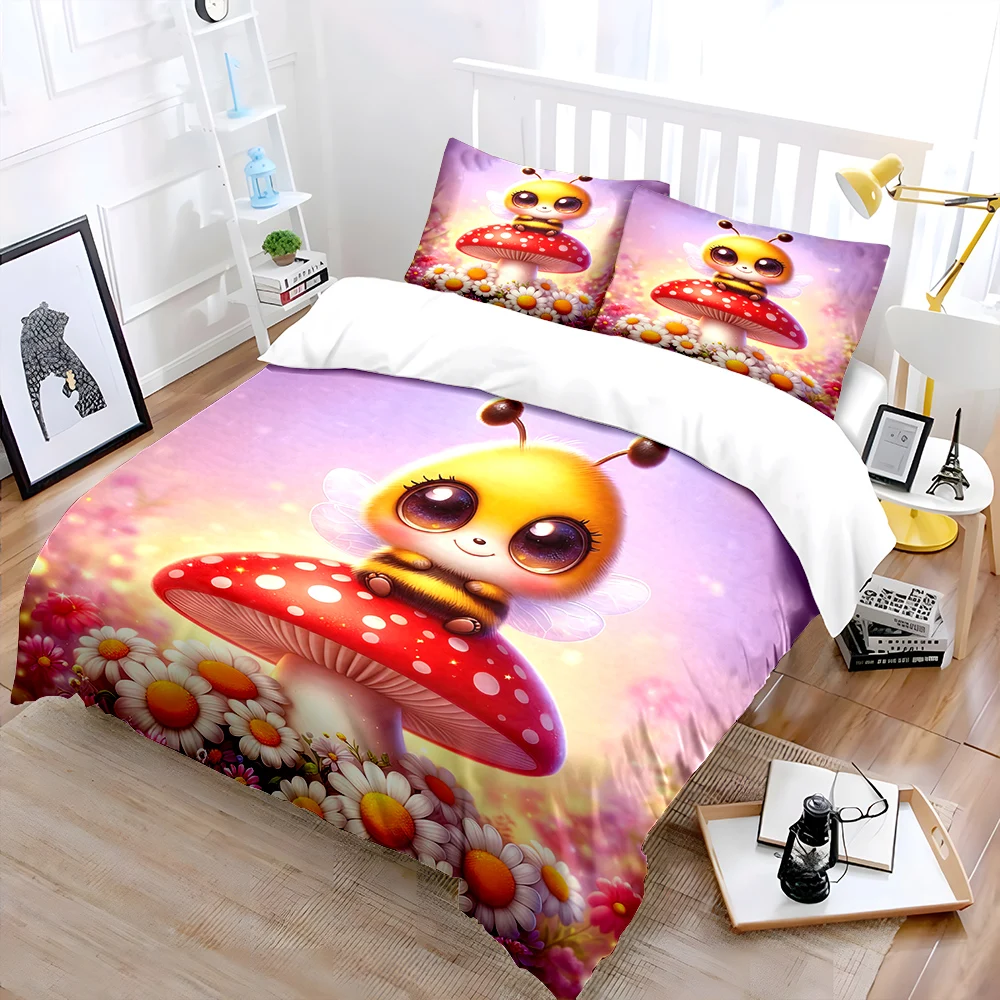 Whimsical Mushroom with Flowers Print Bedding Set 1 Duvet Cover 2 Pillowcases for Adult and Children Luxury Gift Full Size