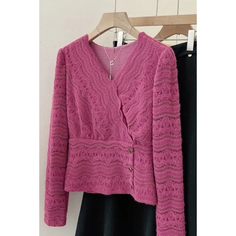 

Lace V-neck Long-sleeved Shirt for Women 2025 Autumn and Winter New Design Rose Red Slim Fit Top