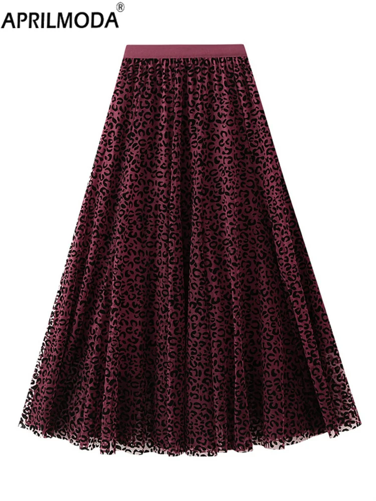 

2025 длинная плиссированная юбка миди из тюля с леопардовым принтом для женщин, элегантная большая эластичная талия, винтажные вечерние юбки-пачки