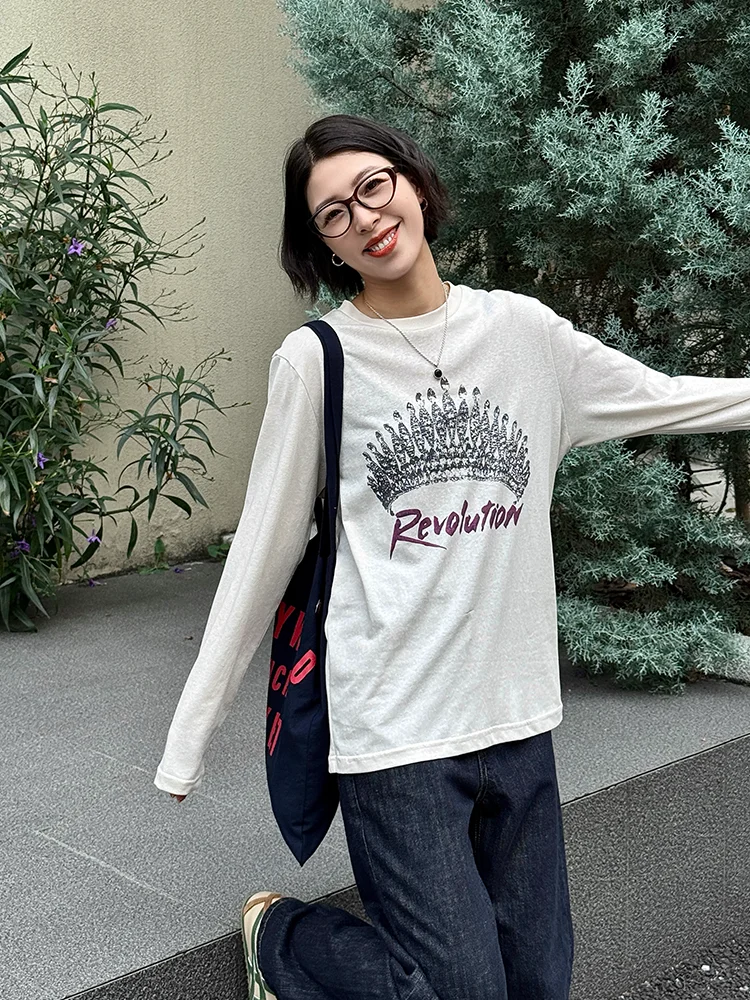 

Loose Long Sve round Ne Printed T-irt Women's Base irt Inner Wear Top Casual Sle Cotton Polyester Blend