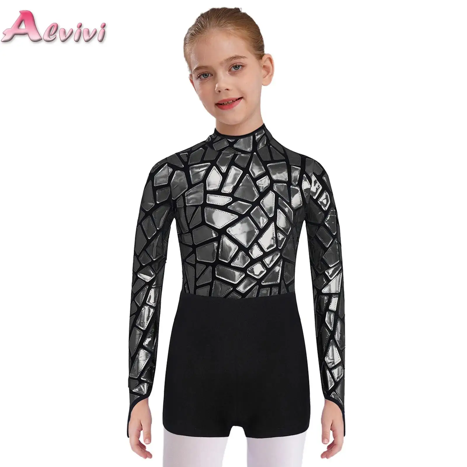 

Kids Girls Metallic Sequin Gymnastics Leotards Jazz Ballet Jersey Performance Costume Jumpsuit Long Sleeve Keyhole Back Bodysuit
