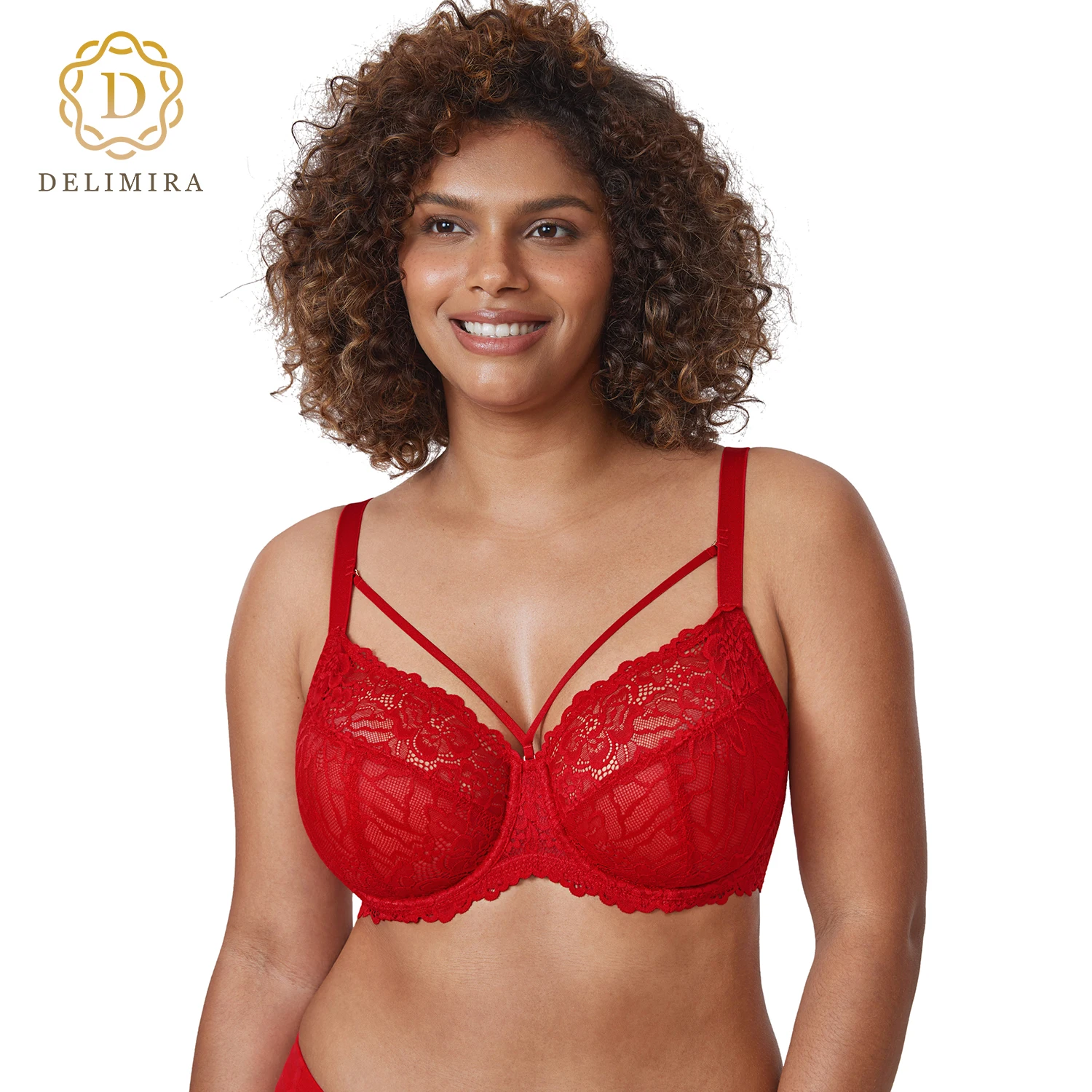 DELIMIRA Women\'s Plus Size Minimizer Bras Full Coverage Unlined Underwire Lace Bra Transparent B-K Cups