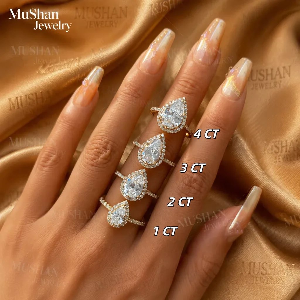 MUSHAN High quality Hot selling pear shaped wedding ring s925 pure silver gold-plated 1/2/3/4/5 carat moissanite ring
