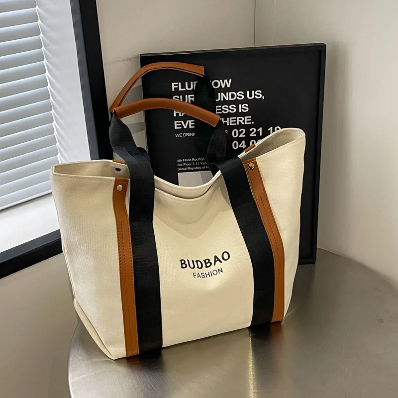 

Large Capacity Striped Contrast Canvas Bag Fashionable Trendy Ladies Shoulder Bag Casual Student Commute Handbag Tote Bag