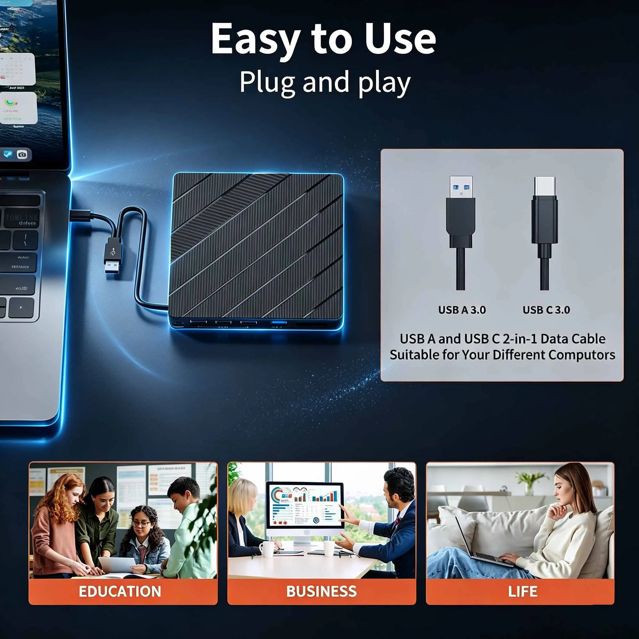 9‑in‑1 External CD/DVD Drive with USB 3.0 & Type‑C Hub, Full CD/DVD Reading, Writing, Burning and Playing Functions, Compatible with Laptops, Desktops, Windows & Linux OS