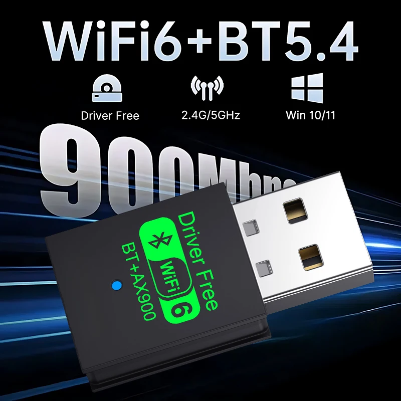 محول لاسلكي 2 في 1 WIFI6 AX900 USB WiFi Bluetooth 5.4 ثنائي النطاق 2.4G+5GHz 802.11AX 900Mbps WiFi 6 بطاقة شبكة عالية السرعة دونجل لجهاز كمبيوتر محمول يعمل بنظامي التشغيل Windows 10/11 بدون برنامج تشغيل