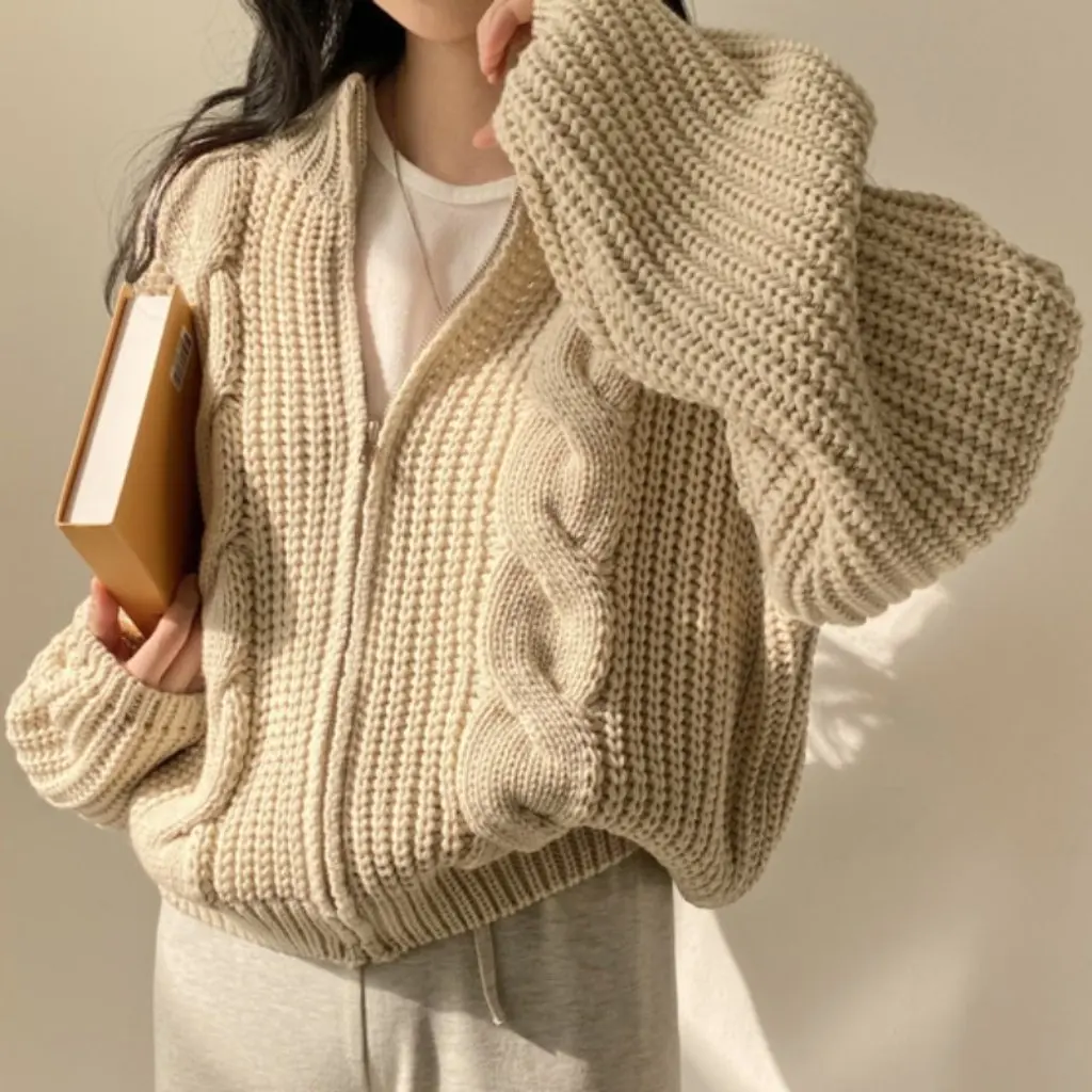 

Women's Thick Line Knitted Cardigan Retro Twist Casual Zipper Sweater Japanese Korean Lazy Style Autumn Winter Outwear