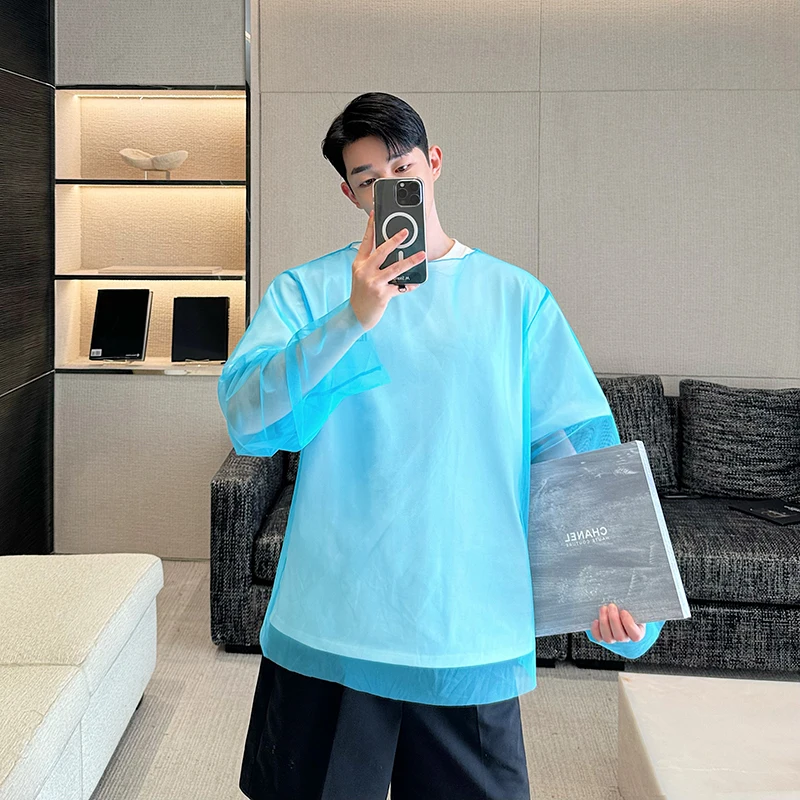 

Прозрачная кружевная сетчатая рубашка с длинным рукавом для мужчин, уличный стиль, однотонная, свободного кроя, молодежная, из полиэфирного волокна