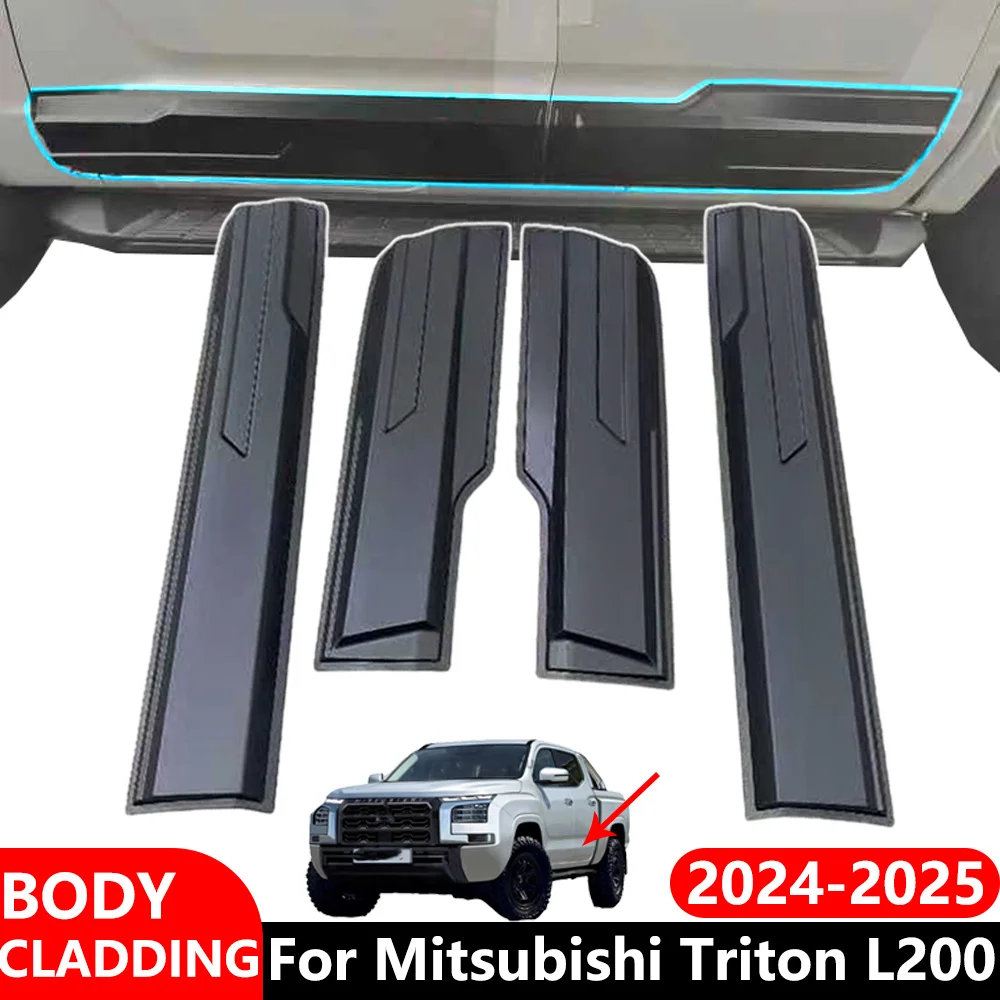 4Pcs Side Door Body Cladding Molding Guards For 2024 2025 Mitsubishi Triton L200 Double Cab Models Car Accessories