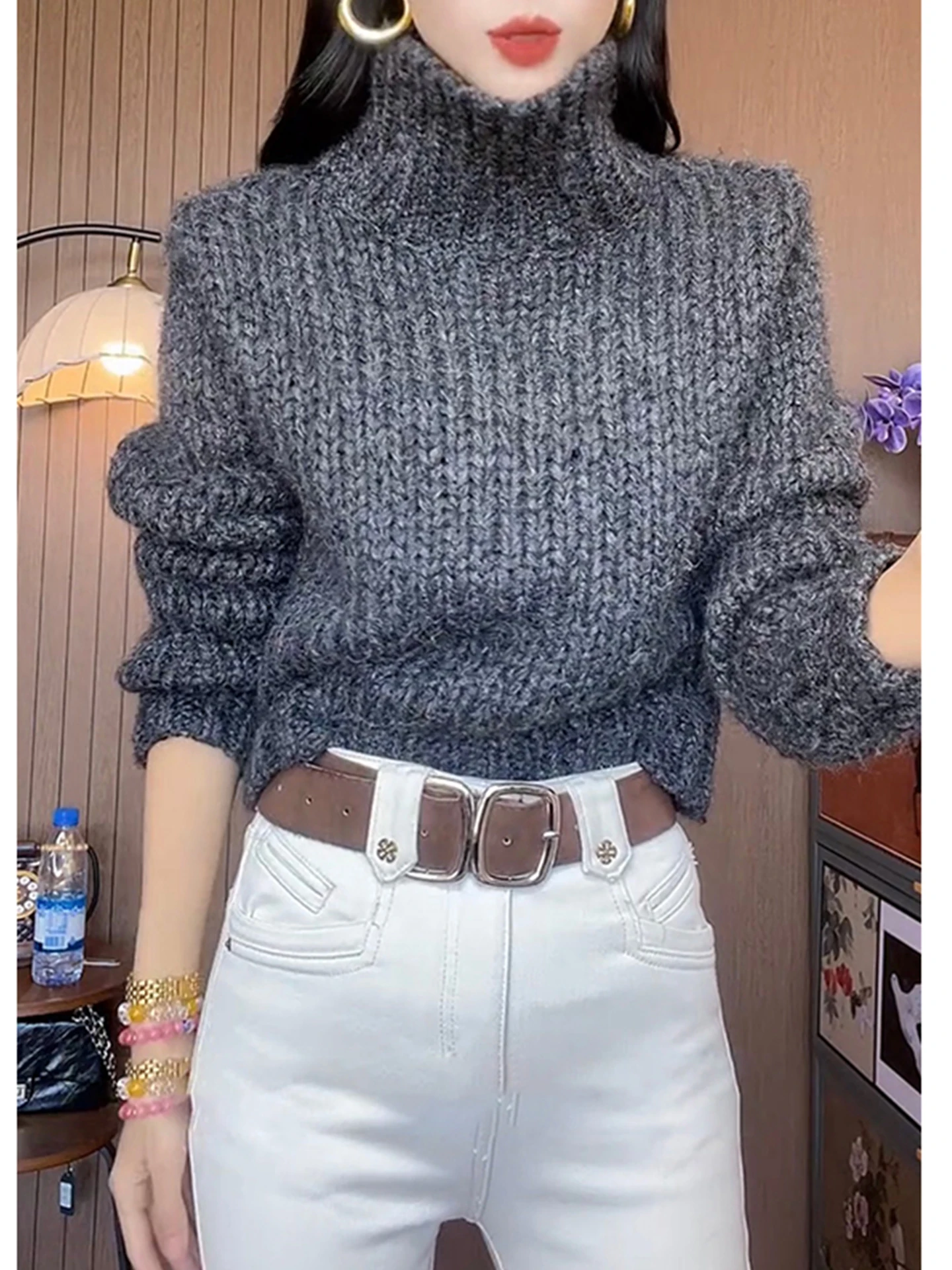 레트로 레이지 슬레 여성 니트 스웨터 루즈핏 따뜻한 겨울 패셔너블 심플 퍼스널리 통근 니트웨어