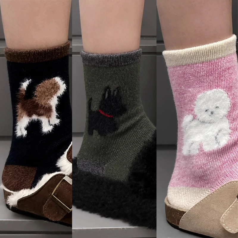 

Пушистые носки с милым узором щенка, женские осенне-зимние теплые длинные носки, модные мягкие чулочно-носочные изделия для холодных дней, кавайные аксессуары